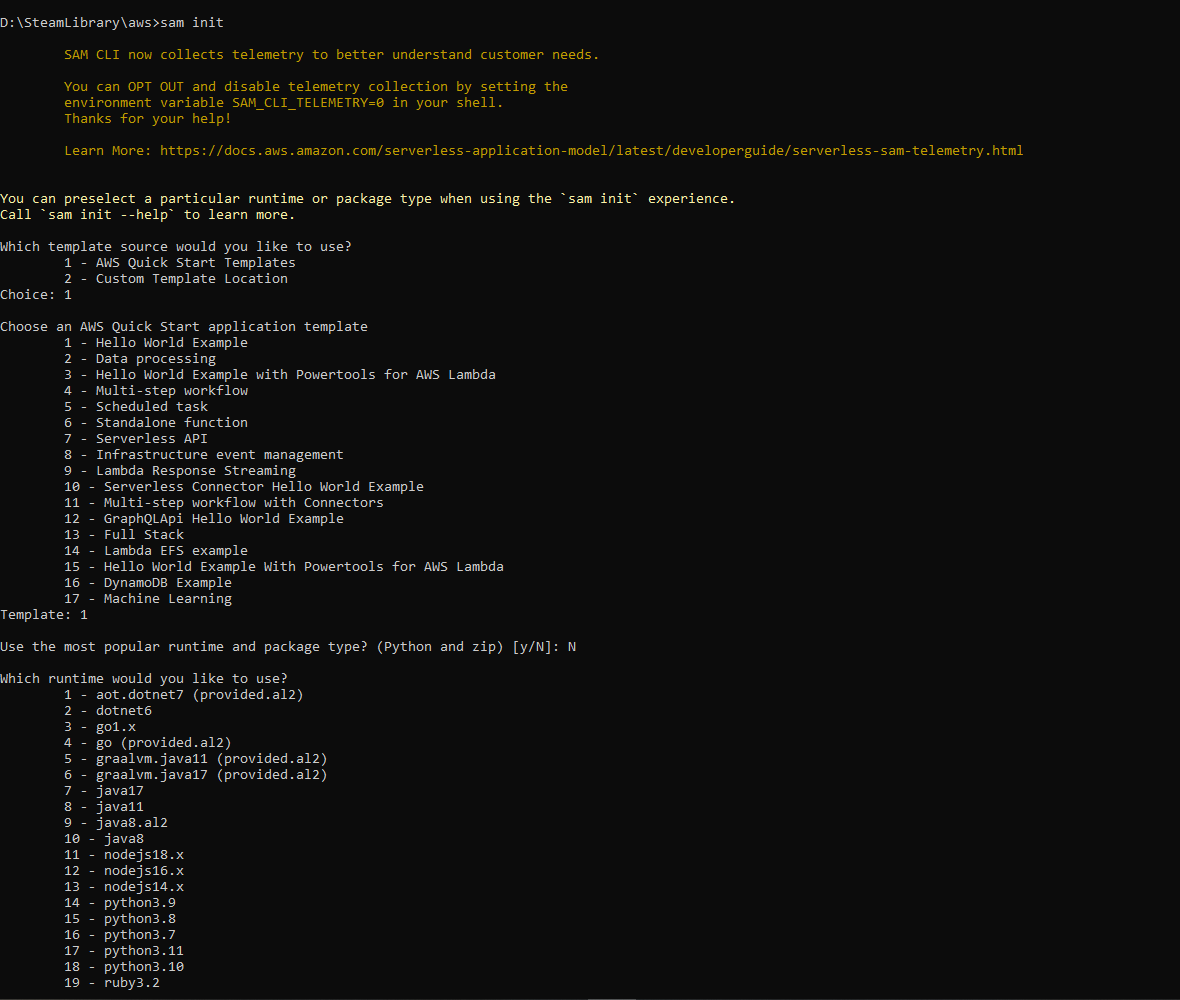 AWS SAM init wizard